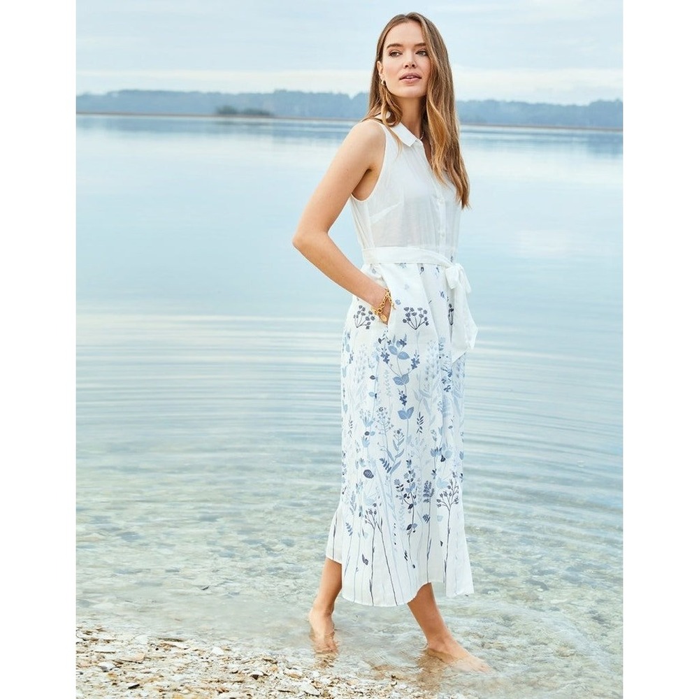 Spartina 449 Emeline Oyster Factory Field Dress M Midi Blue White Floral